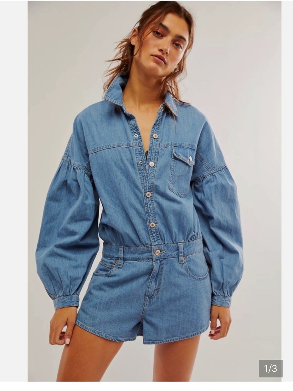 We The Free Light Denim Romper with Elastic Waist
